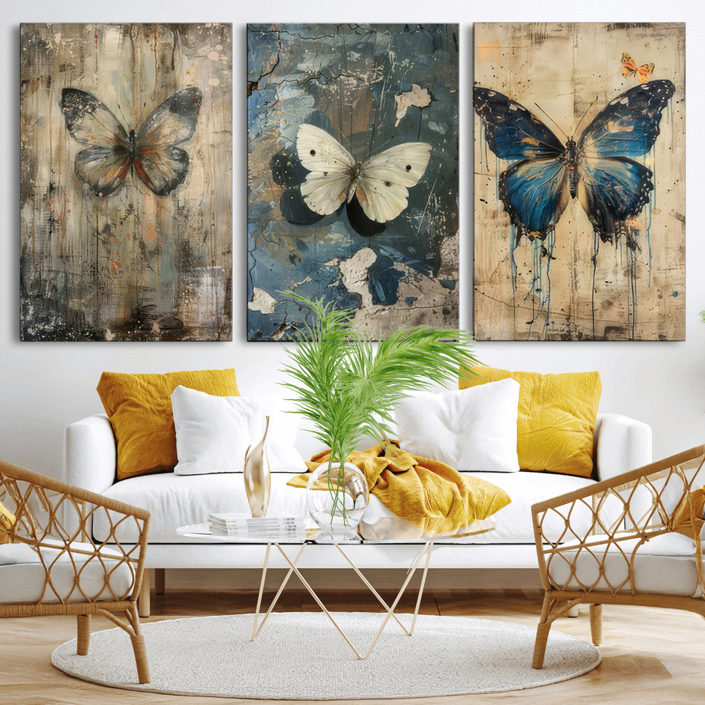 MGV-CV-60X30-3P - Butterfly Wall Art Trio | Vintage Butterfly Canvas Print | Ready to Hang Framed Artwork for