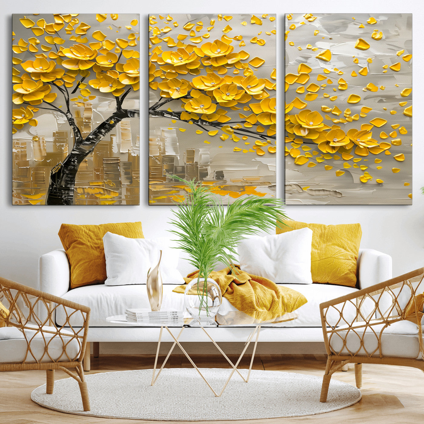 MGV-CV-60X30-3P - Yellow Blossom Tree Canvas Wall Art - Floral Abstract Modern Contemporary Artwork for Living Room or