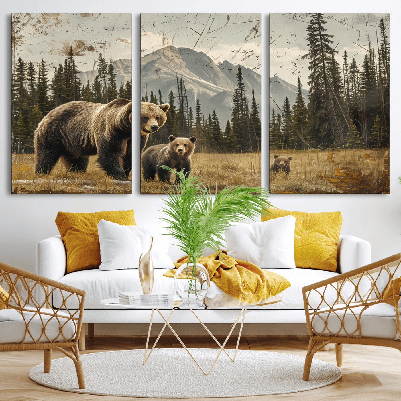 MGV-CV-60X30-3P - Rustic Grizzly 399 Bear Family Wall Art Canvas Print