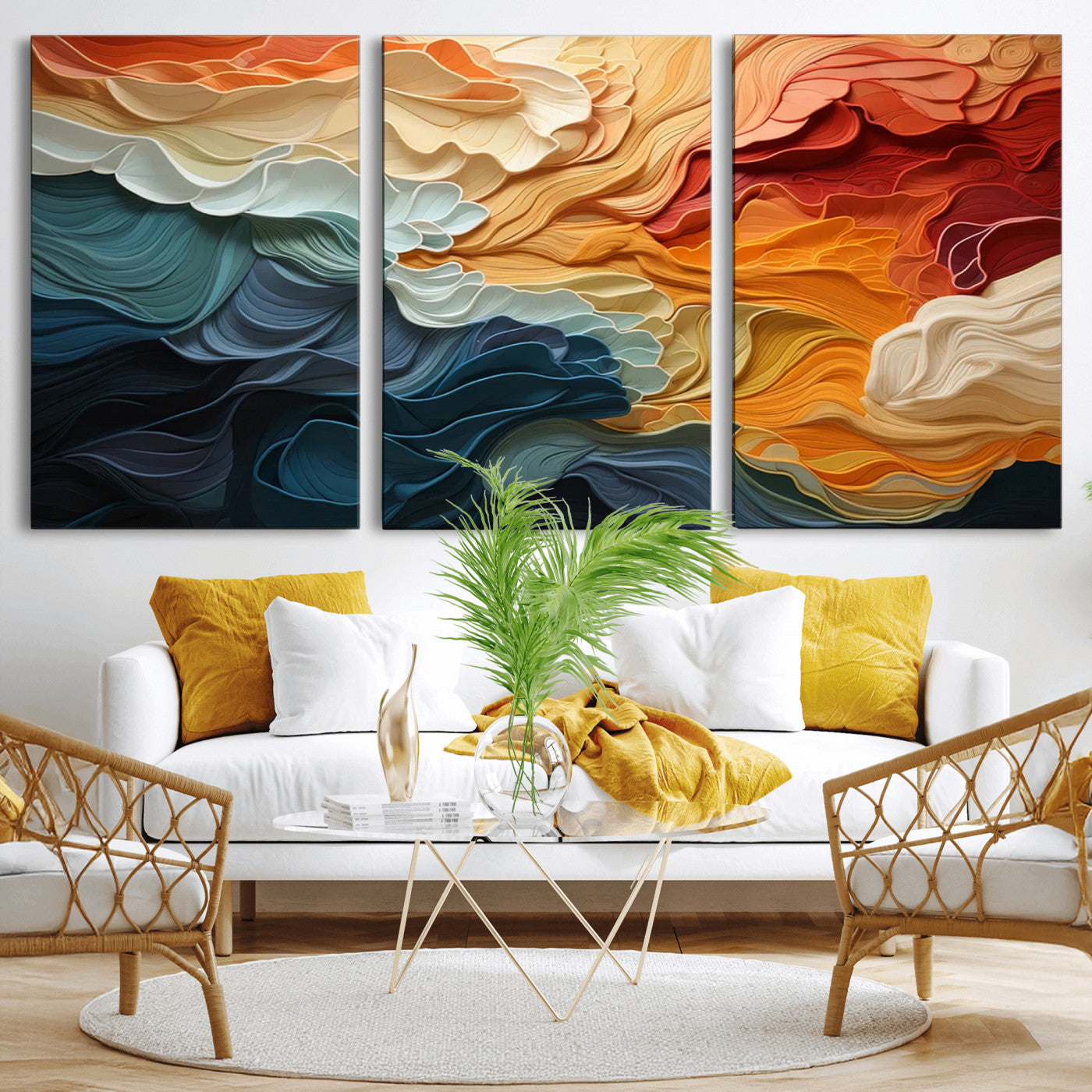 MGV-CV-60X30-3P - Blue Orange Abstract Wave Wall Art Canvas Print, Framed Blue Orange Wave Wall Art