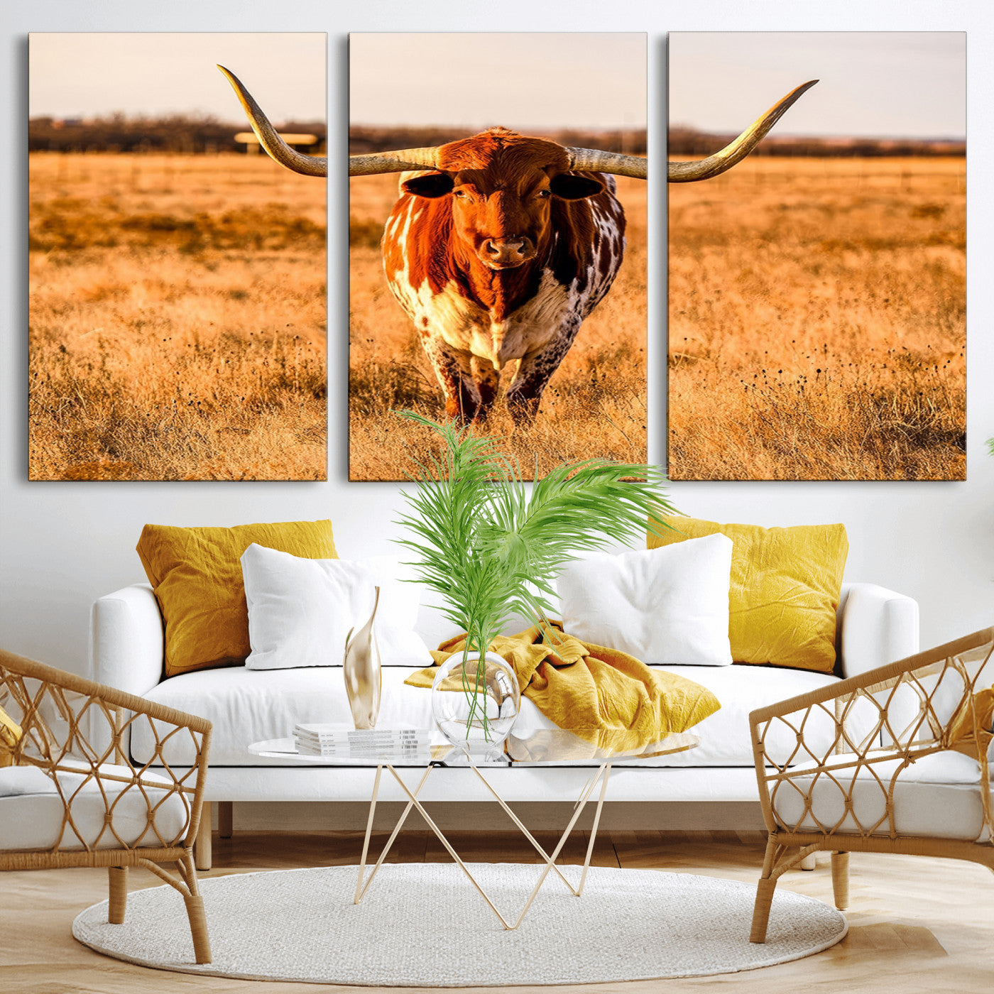 MGV-CV-60X30-3P - Longhorn Cow Wall Art | Ready to Hang Framed Canvas Print for Farmhouse and Barn Decor
