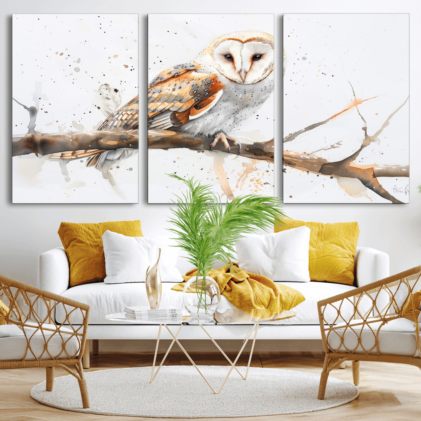 MGV-CV-60X30-3P - Barn Owl Wall Art on Branch | Stunning Canvas Print for Nature Lovers | Ready to Hang and Framed