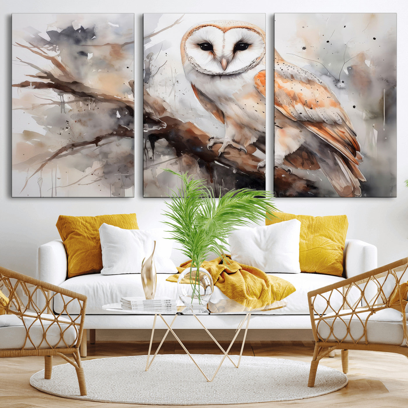 MGV-CV-60X30-3P - Barn Owl Wall Art | Watercolor Barn Owl Canvas Print | Perfect for Farmhouse Wall Decor | Ready to