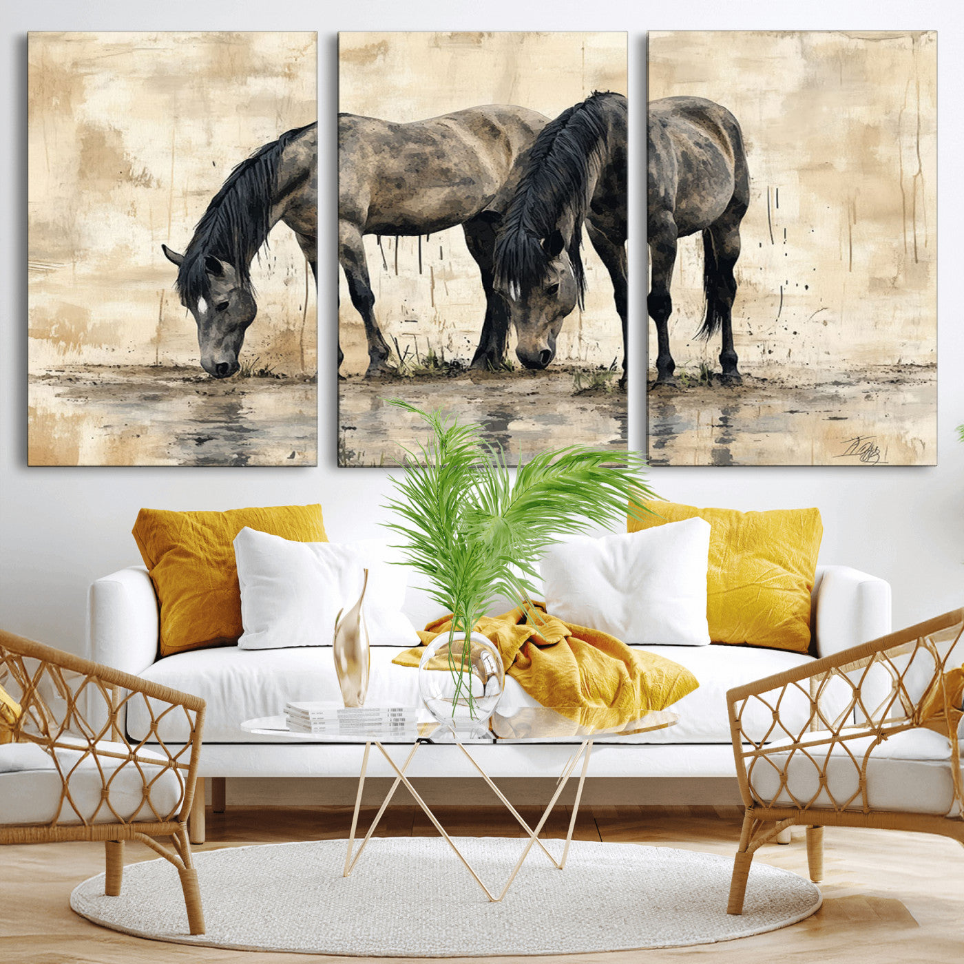 MGV-CV-60X30-3P - Chinese Style Abstract Black Horses Wall Art Canvas Print - Abstract Horse Wall Art Canvas Print