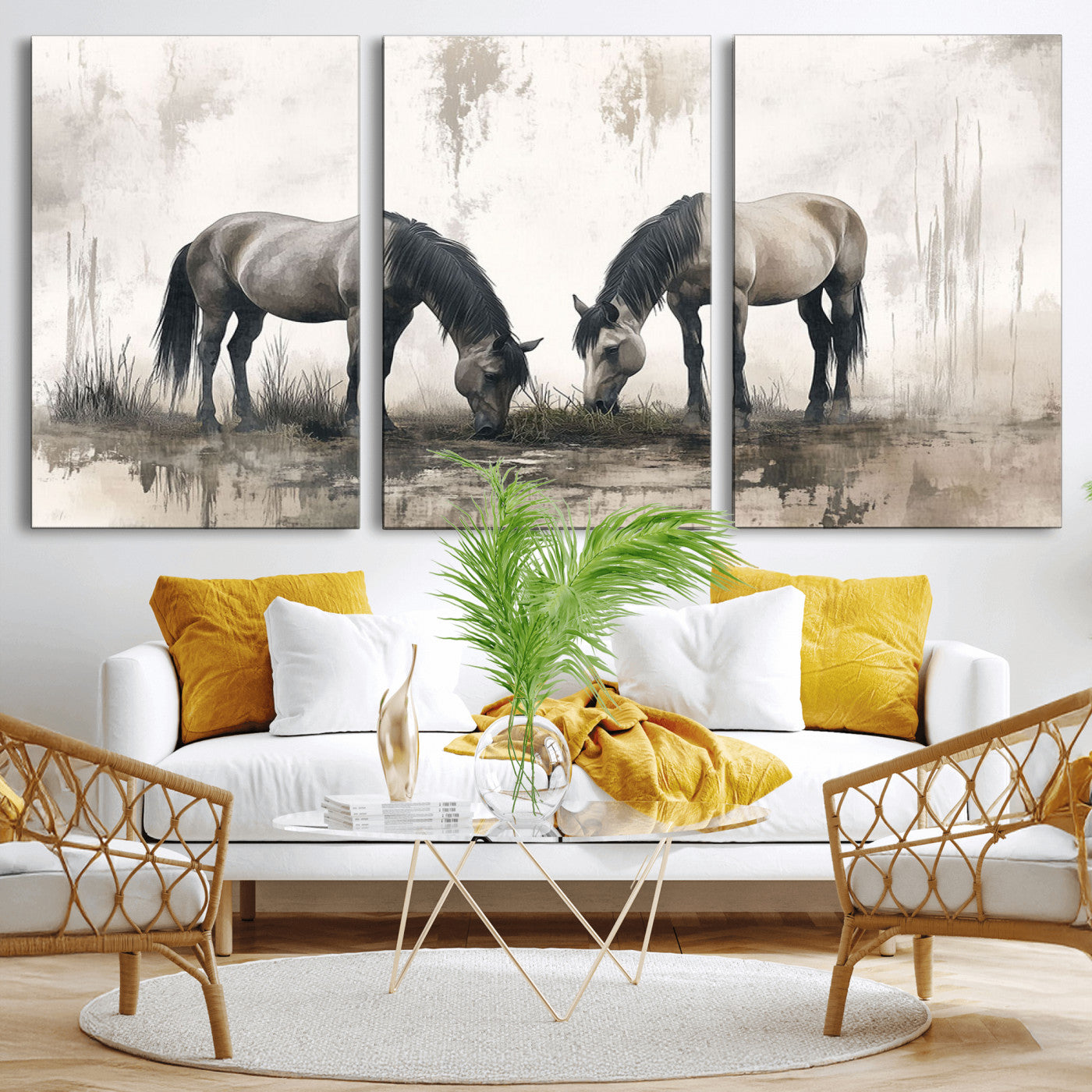 35494-MGV-CV-36X24-Chines Ink Style Vintage Horses Wall Art Canvas Print for Farmhouse Wall Decor