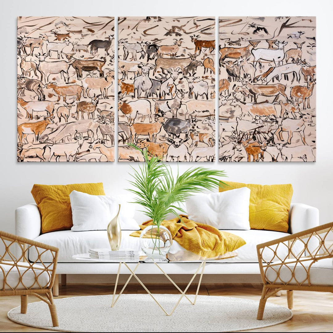 Framed Goat Herd Wall Art in minimal brush strokes on a beige backdrop, ideal for farmhouse or cabin decor.