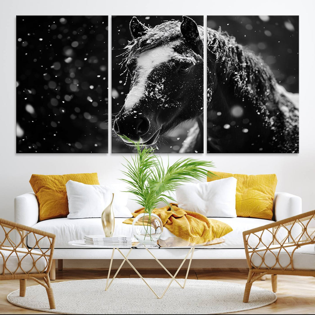 The Winter Horse Wall Art showcases a gentle horse print with snowflakes, ideal for rustic farmhouse or cabin decor.