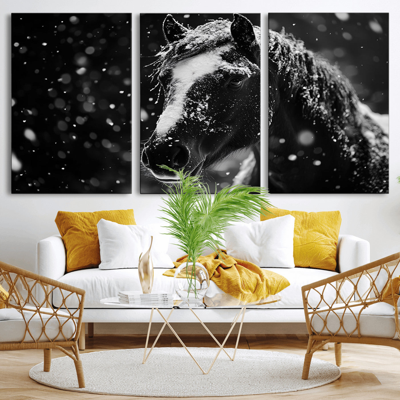MGV-CV-60X30-3P - Winter Horse Wall Art | Black and White Horse Print | Ready to Hang and Framed | Farmhouse Wall Art