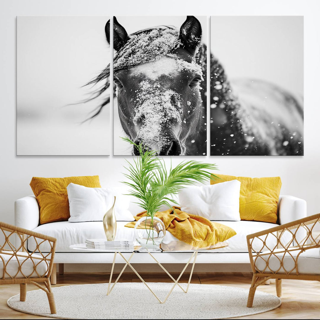 This black and white winter horse wall art enhances any decor; it is ready to hang and framed for a farmhouse or Western style.