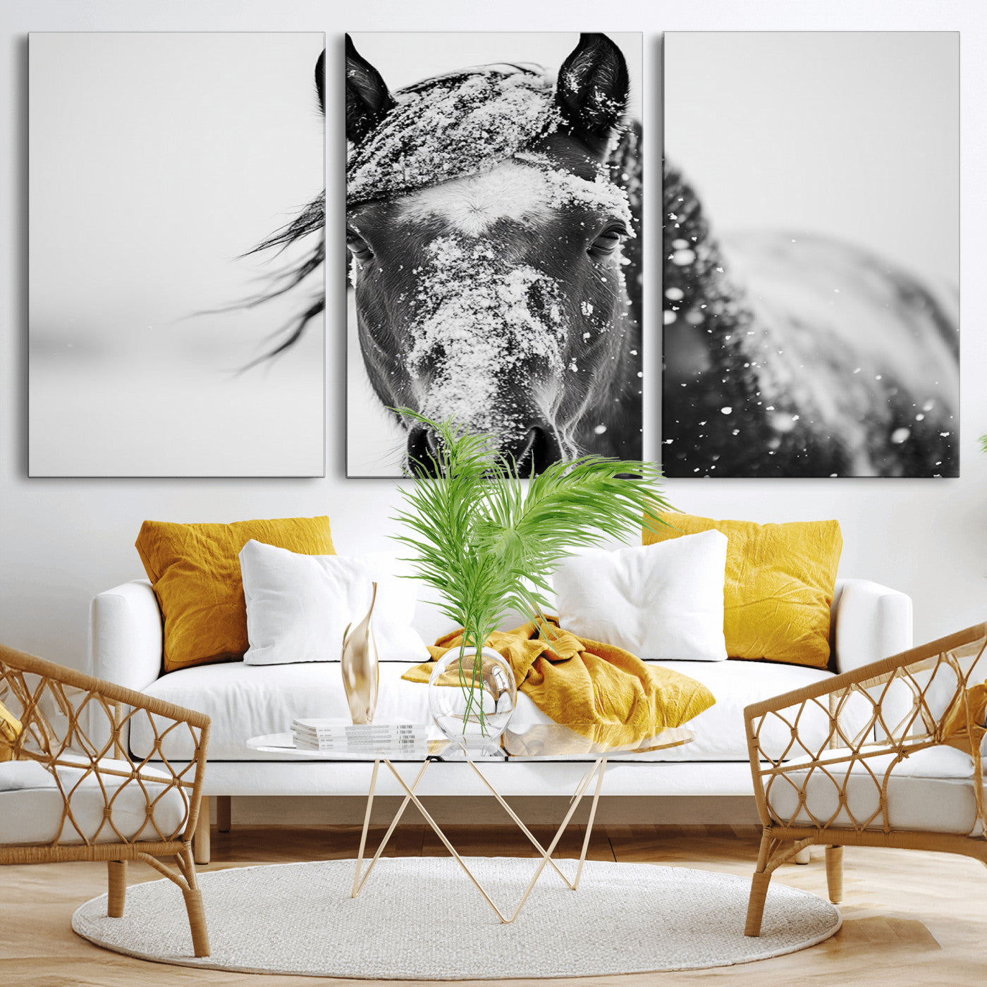 MGV-CV-60X30-3P - Western Wall Art | Black and White Winter Horse Wall Art | Ready to Hang and Framed | Farmhouse and
