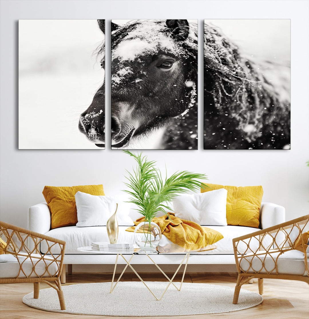 The wall art is a Black and White Horse piece, framed and ready to hang.