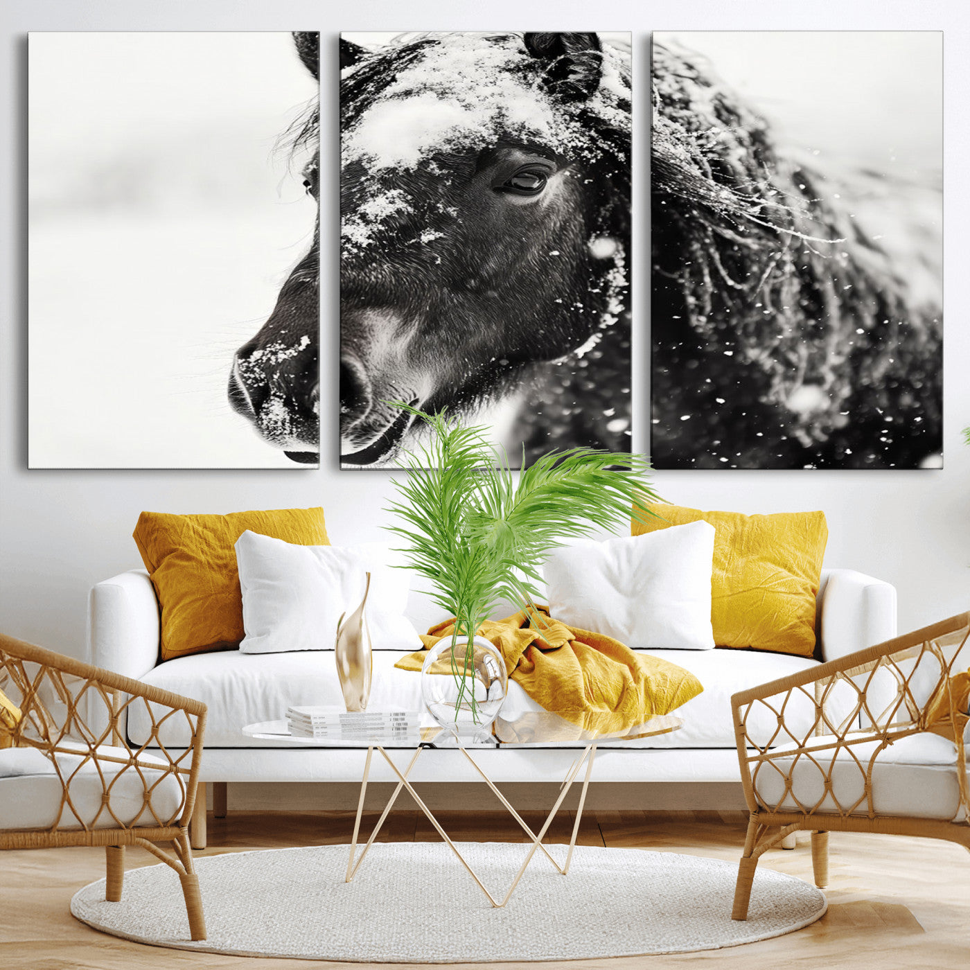 MGV-CV-60X30-3P - Framed Black and White Horse Wall Art | Ready to Hang and Framed | Farmhouse and Western Wall Decor