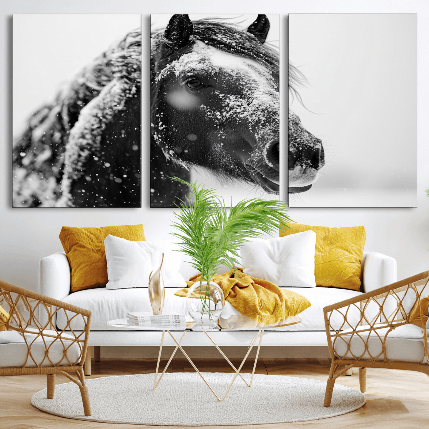 MGV-CV-60X30-3P - Winter Horse Canvas Print | Large 3-Panel Black White Equine Photography for Rustic Farmhouse Wall