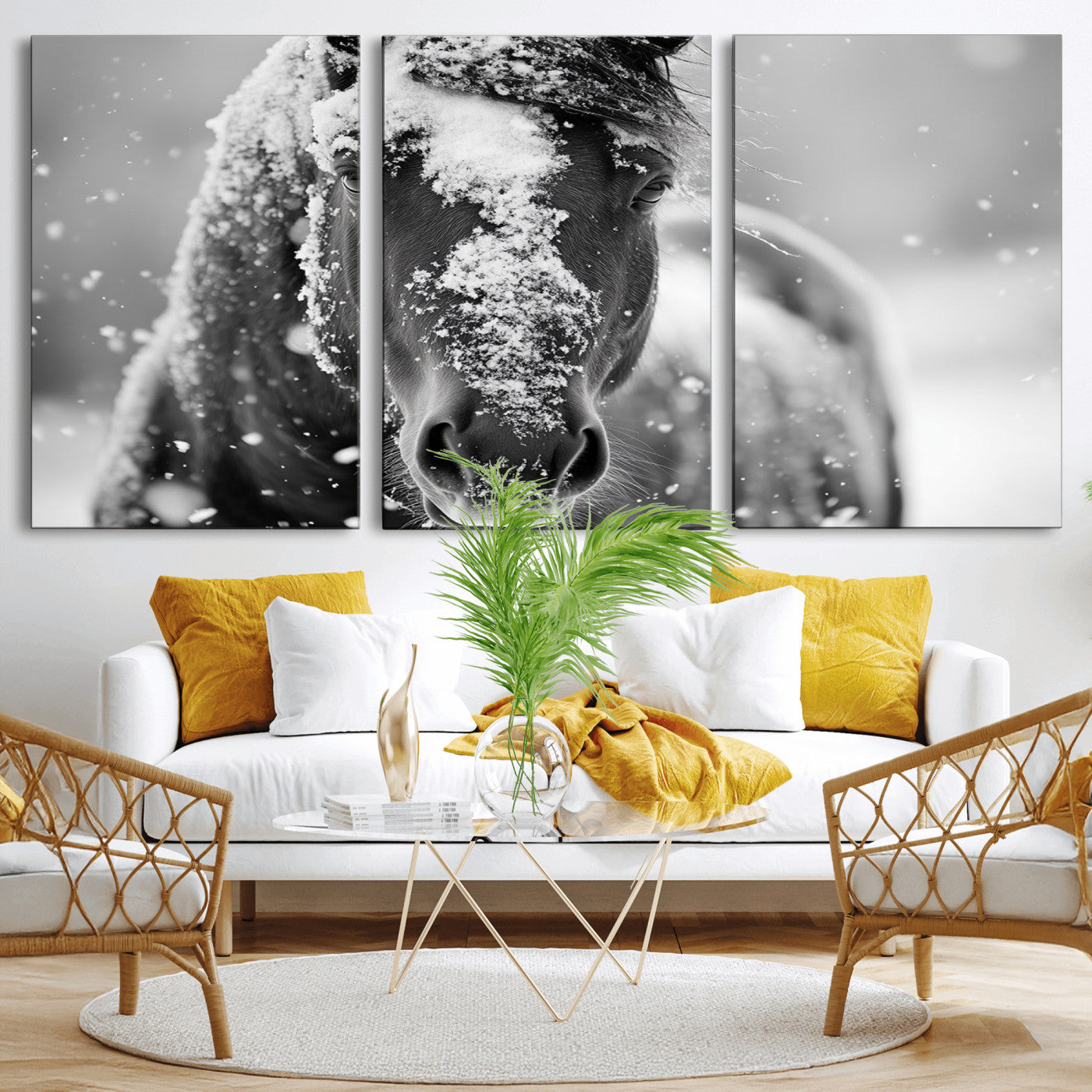 MGV-CV-60X30-3P - Black and White Horse Winter Wall Art | Ready to Hang and Framed | Farmhouse Wall Decor | Western