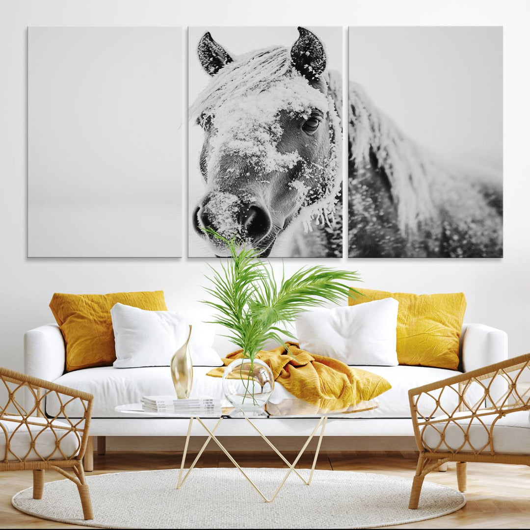 White Horse Wall Art: A black and white photo of a snow-covered horse, framed and ready to hang for farmhouse decor.