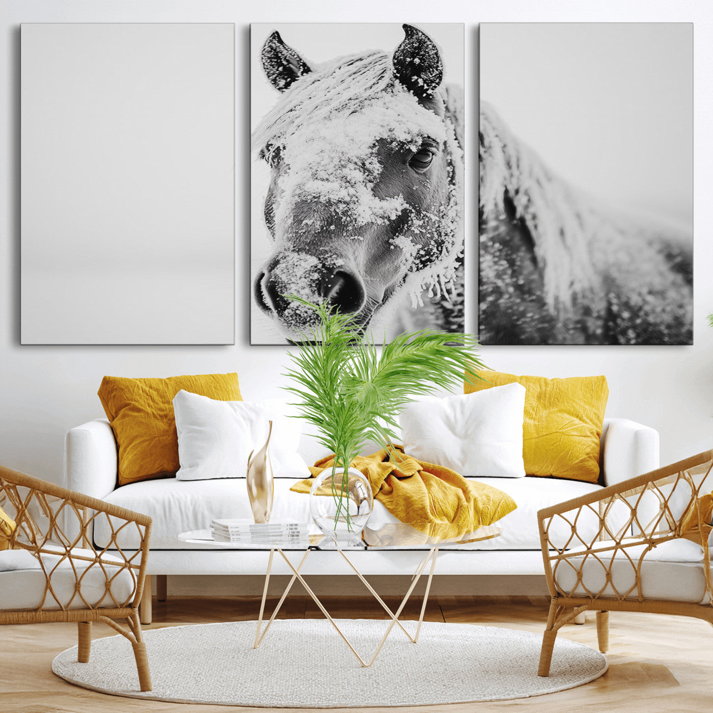 MGV-CV-60X30-3P - White Horse Wall Art | Ready to Hang and Framed | Winter Horse Wall Art Print for Farmhouse and