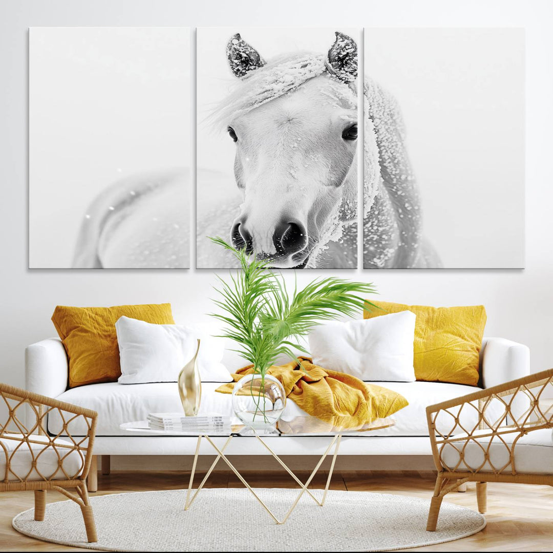 The dining room features the Majestic White Horse Wall Art, adding to its rustic charm.