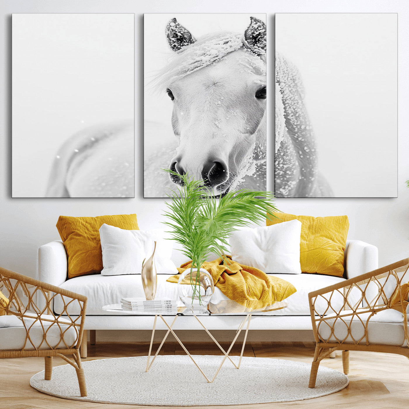 MGV-CV-60X30-3P - Majestic White Horse Wall Art | Ready to Hang and Framed | Farmhouse Wall Decor for Living Room