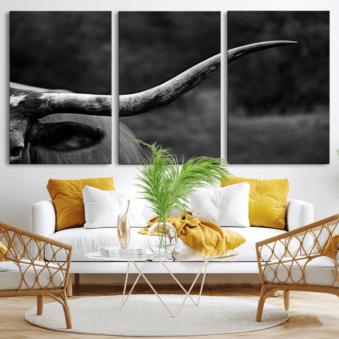 MGV-CV-60X30-3P - Cow Longhorn Wall Art | Black and White Print | Ready to Hang and Framed | Farmhouse Wall Decor |