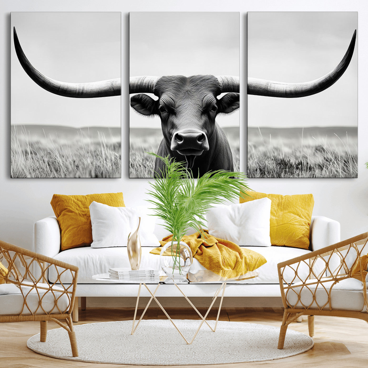 -Longhorn Bull Canvas Print | Rustic Farmhouse Wall Art | Western Decor | Ready to Hang and Framed
