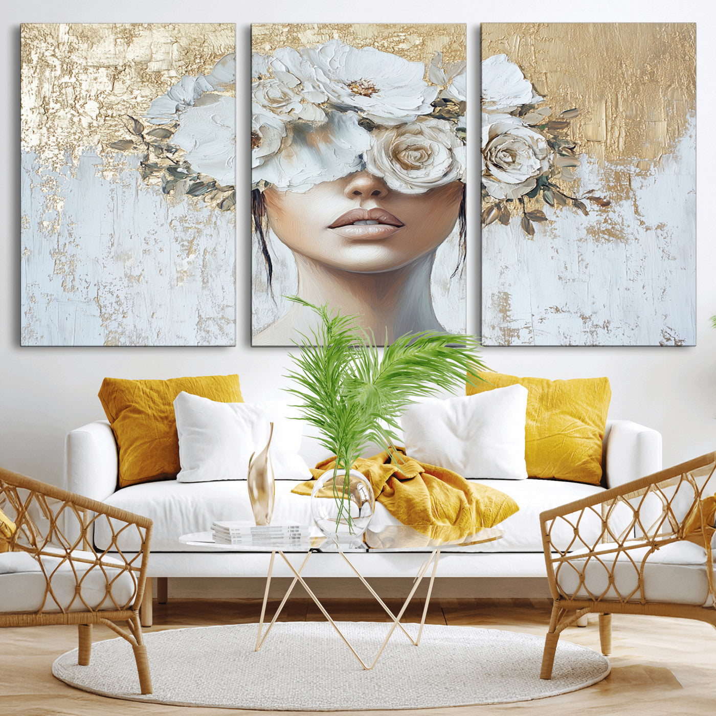 MGV-CV-60X30-3P - Golden Petal Wall Art - Canvas Print Flower Head Woman Painting Floral Woman Portrait Wall Decor,