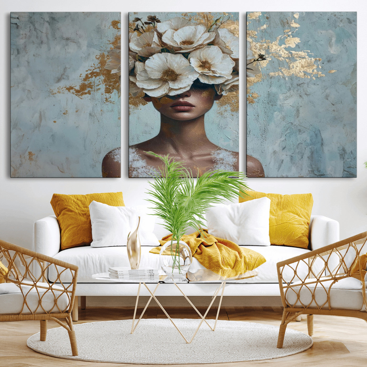 MGV-CV-60X30-3P - Golden Petal Wall Art - Petal Silhouette Woman Wall Art Canvas Print | Large 3-Panel Canvas with