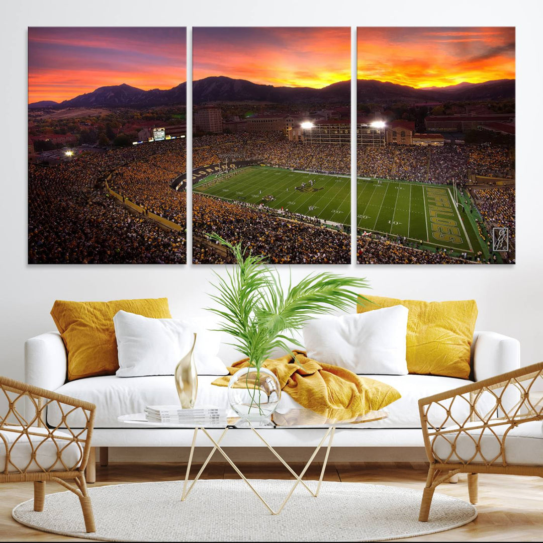 A vibrant mountain sunset at Folsom Field, home of the University of Colorado Football team, is captured in this stunning wall art canvas print.