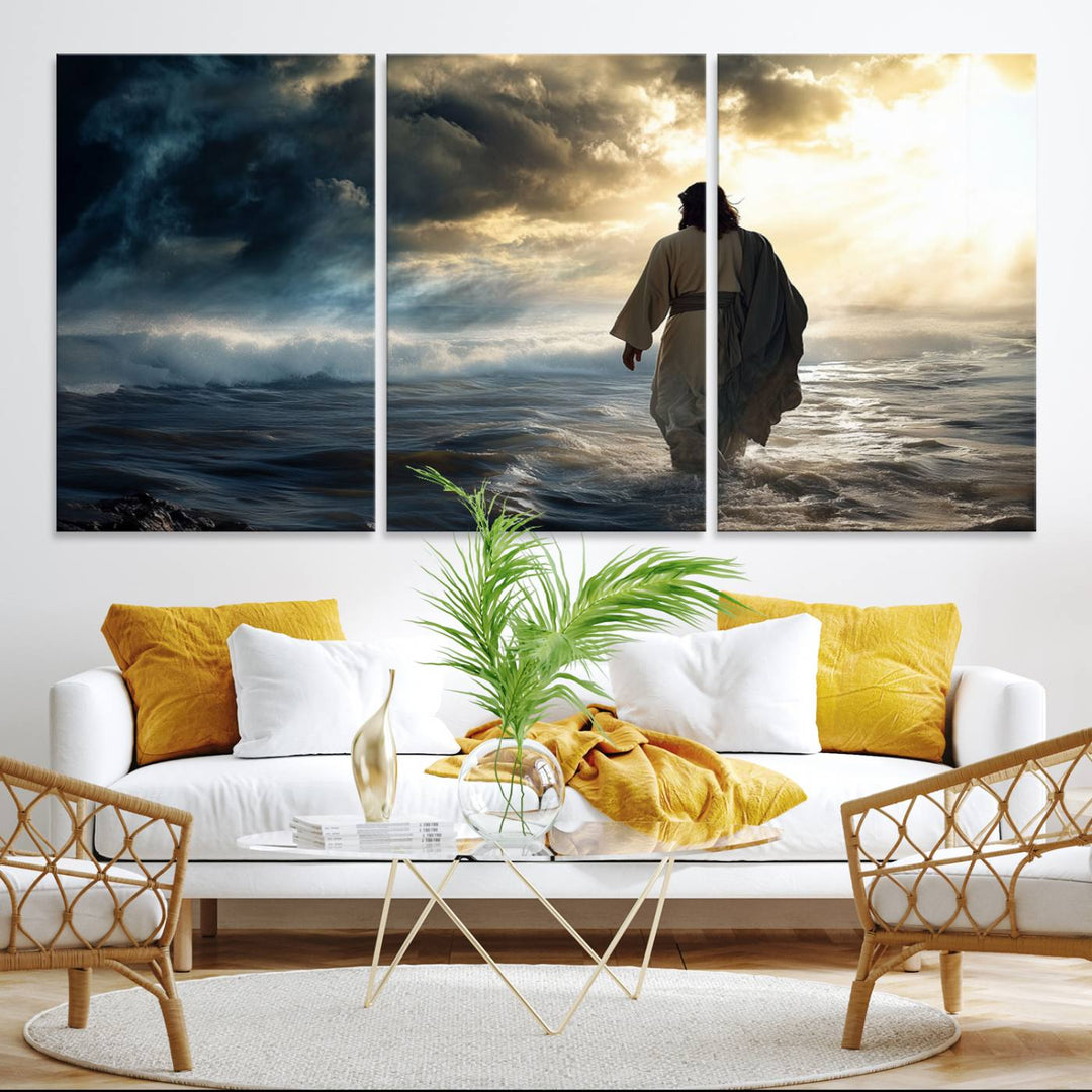 A dramatic sky serves as the backdrop for the Jesus Walking on Water wall art, a perfect piece for Christian home decor.