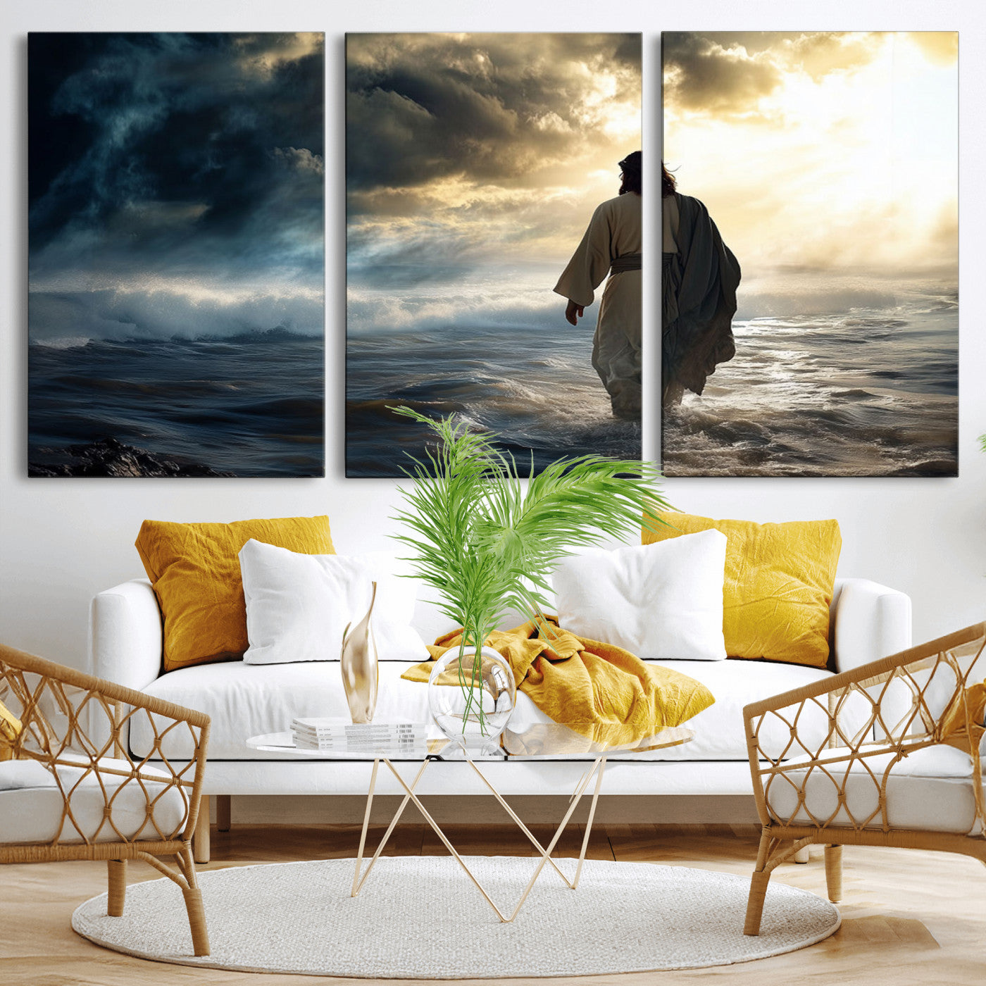 MGV-CV-60X30-3P - Jesus Walking on Water Wall Art | Canvas Print | Ready to Hang | Christian Home Decor | Spiritual