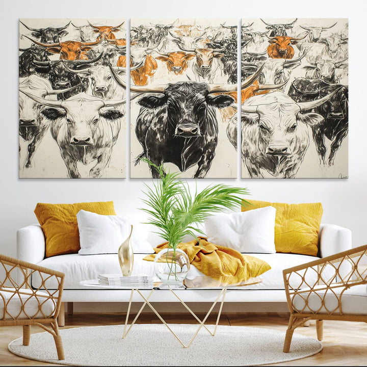 Texas Longhorn Wall Art canvas features cattle artwork with an abstract design, perfect for farmhouse decor on a porch.