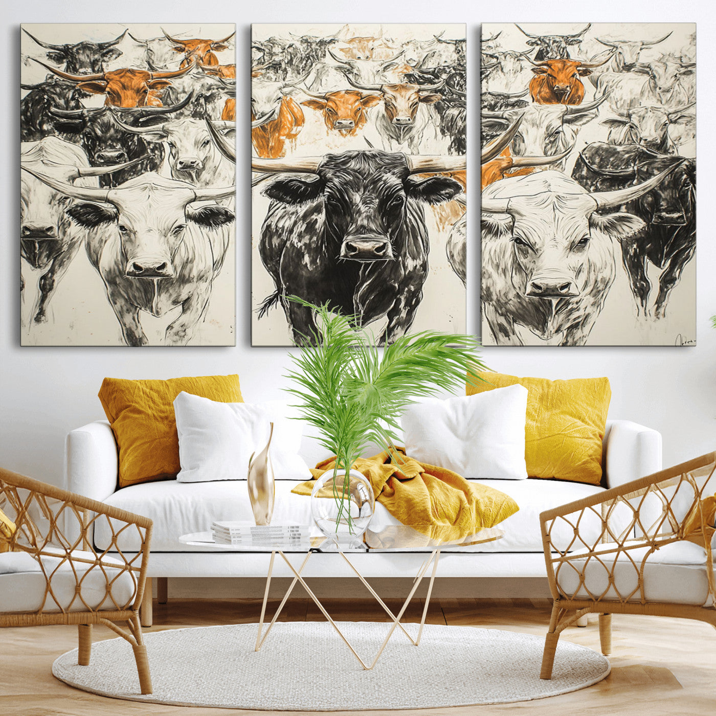 MGV-CV-60X30-3P - Farmhouse Wall Art | Western Longhorn Cattle Canvas Print | Ready to Hang and Framed Barn Decor