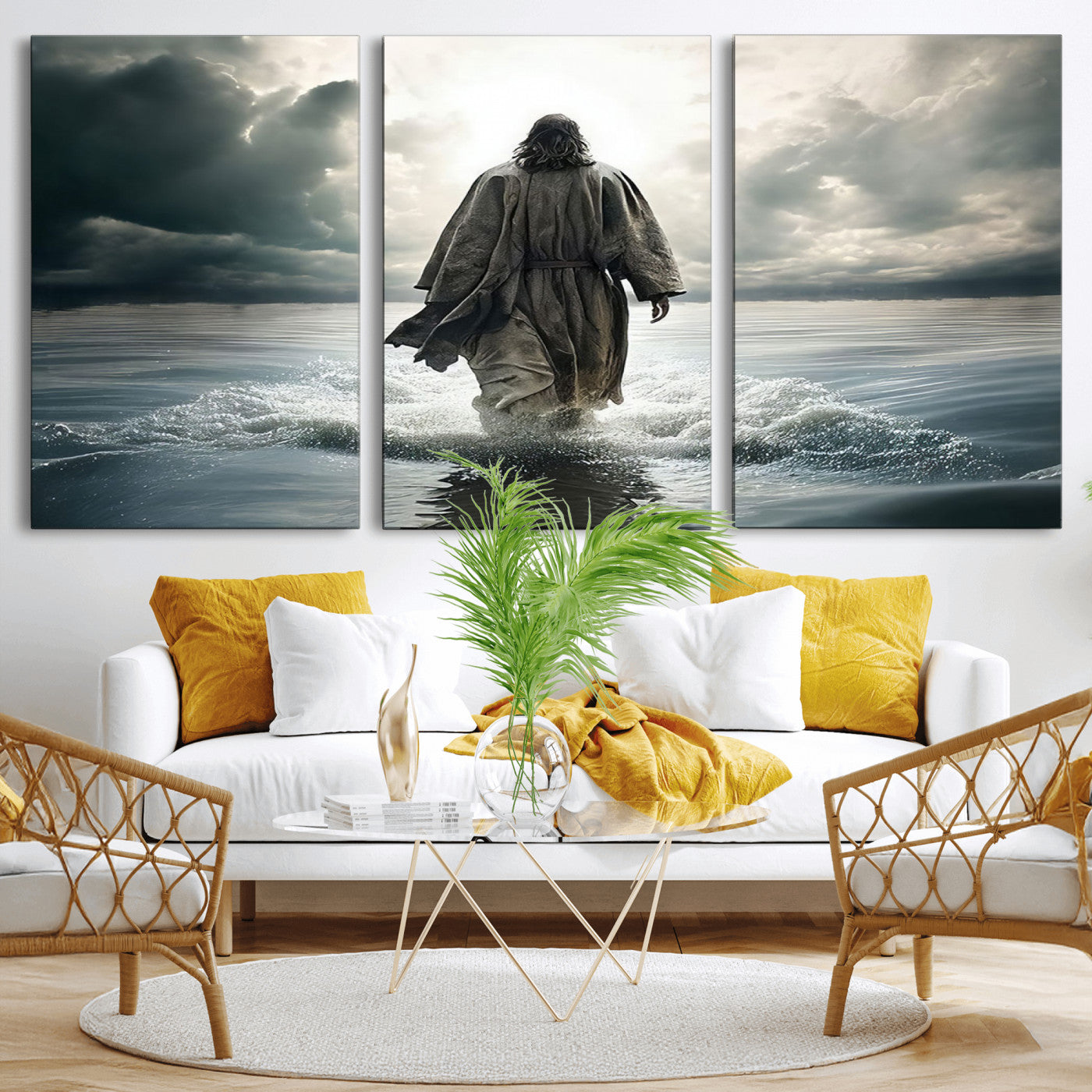 MGV-CV-60X30-3P - Jesus Walking on Water Wall Art | Canvas Print | Ready to Hang | Christian Home Decor | Spiritual