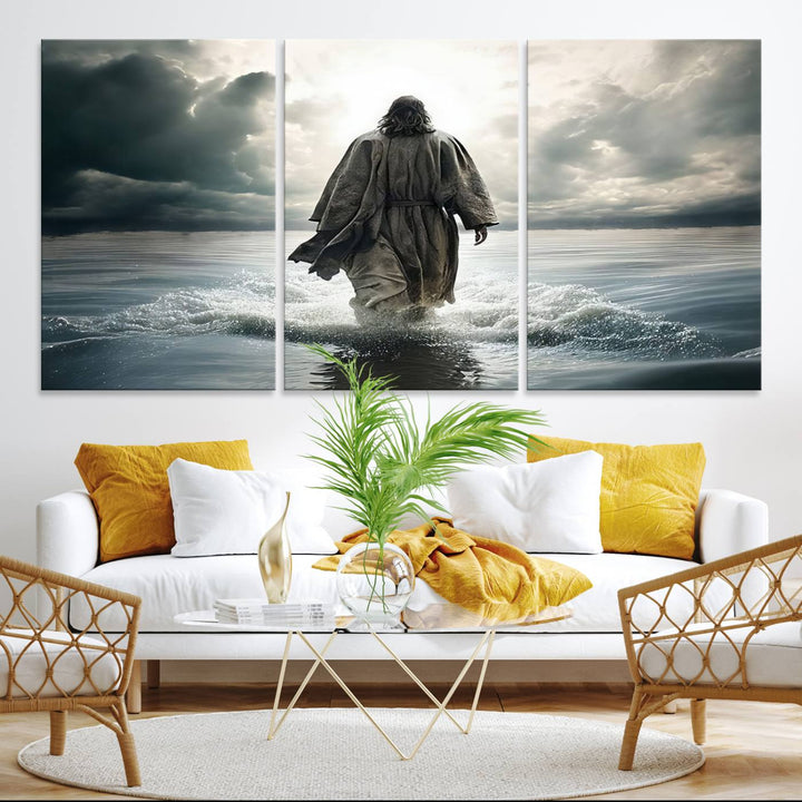 A canvas wall art depicting a figure walking on water beneath dramatic clouds, designed as inspirational religious imagery and ready to hang.