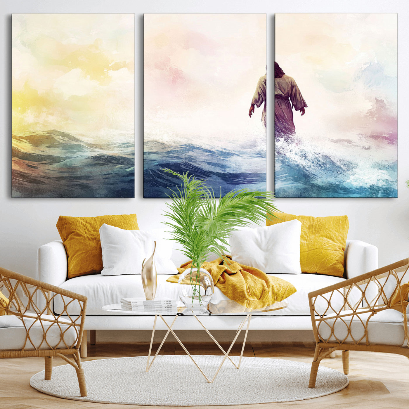 MGV-CV-60X30-3P - Watercolor Jesus Walking on Water Canvas Print, Christian Wall Art, Jesus Christ Walking