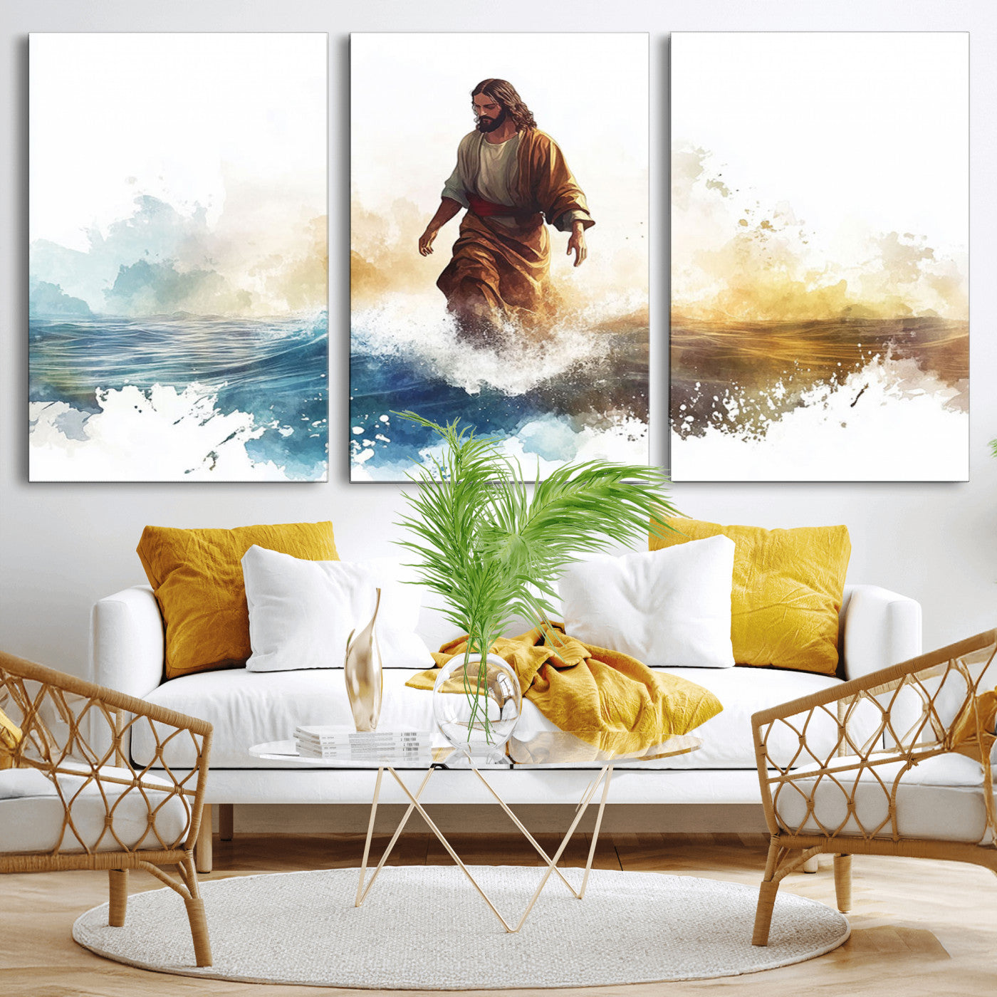 MGV-CV-60X30-3P - Watercolor Jesus Walking Wall Art Print, Jesus Water Canvas Print, Christian Wall Art, Jesus Christ