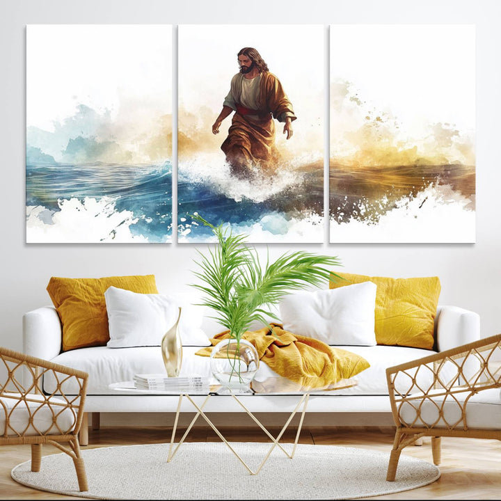 This watercolor canvas print depicts Jesus walking, characterized by abstract splashes against a serene background. It serves as a beautiful piece of Christian wall art.