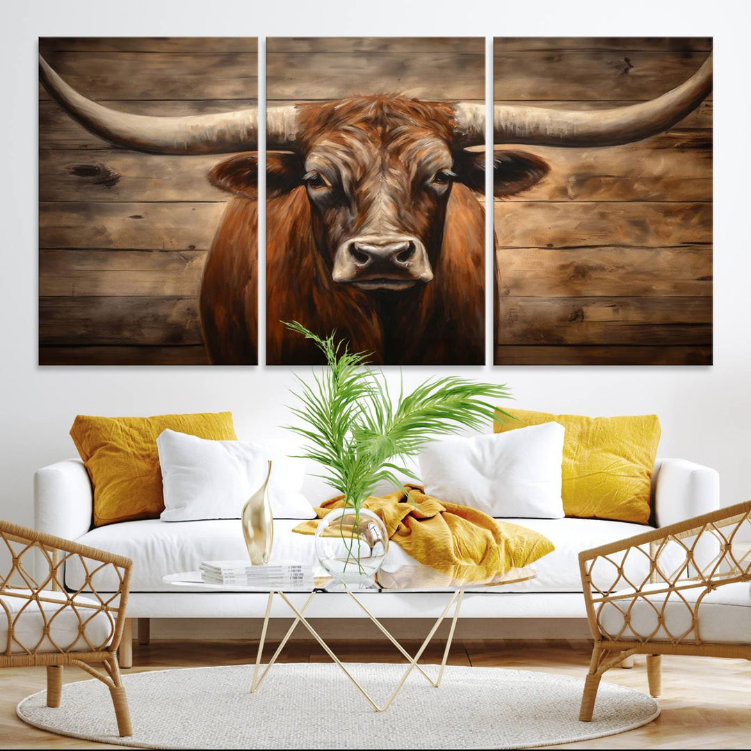 Longhorn Bull Canvas Print: Rustic Farmhouse Decor, Ready to Hang Western Barn Art.