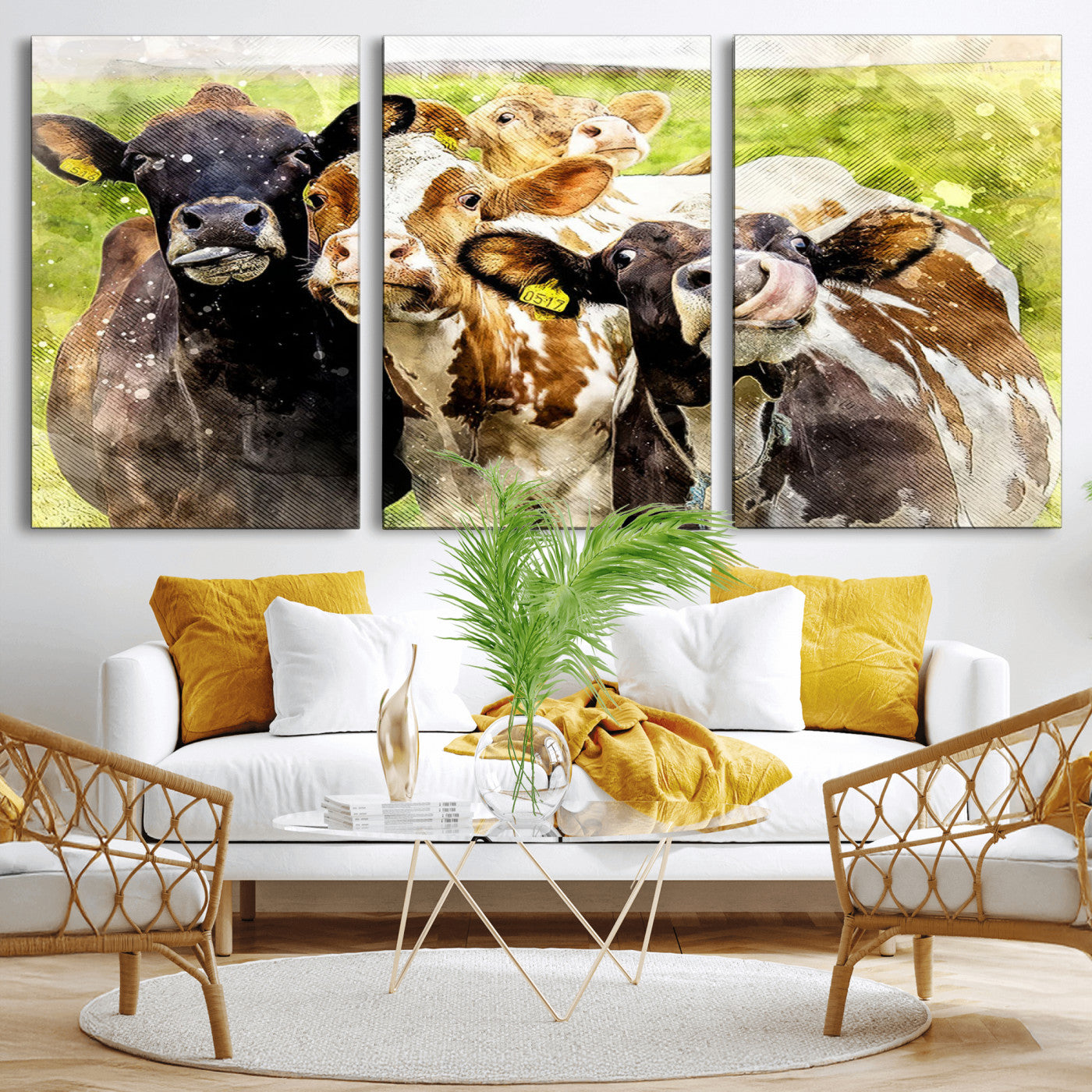MGV-CV-60X30-3P - Curious Cows Farmhouse Wall Art | Ready to Hang and Framed Canvas Print | Rustic Farm Decor
