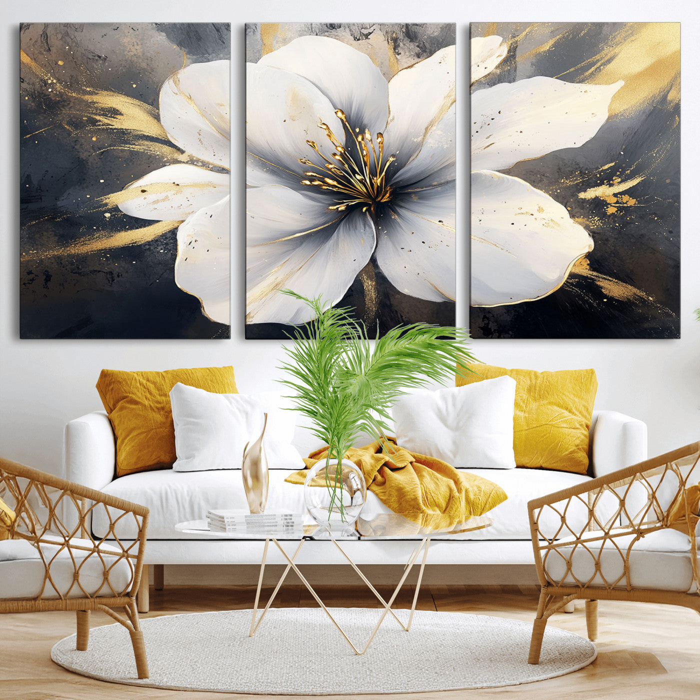 MGV-CV-60X30-3P - White Flower Wall Art Canvas Print | Ready to Hang | Abstract Floral Wall Decor | Elegant Bloom