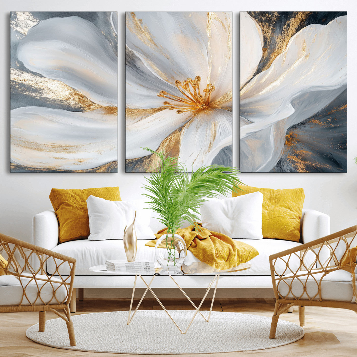 83149-MGV-CV-36X24-White and Gold Floral Canvas Wall Art - Framed and Ready to Hang - Perfect for Modern Living Rooms