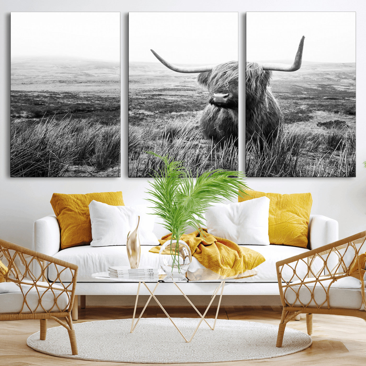 MGV-CV-60X30-3P - Scottish Highland Cow Wall Art | Black and White Canvas Print | Ready to Hang and Framed | Rustic