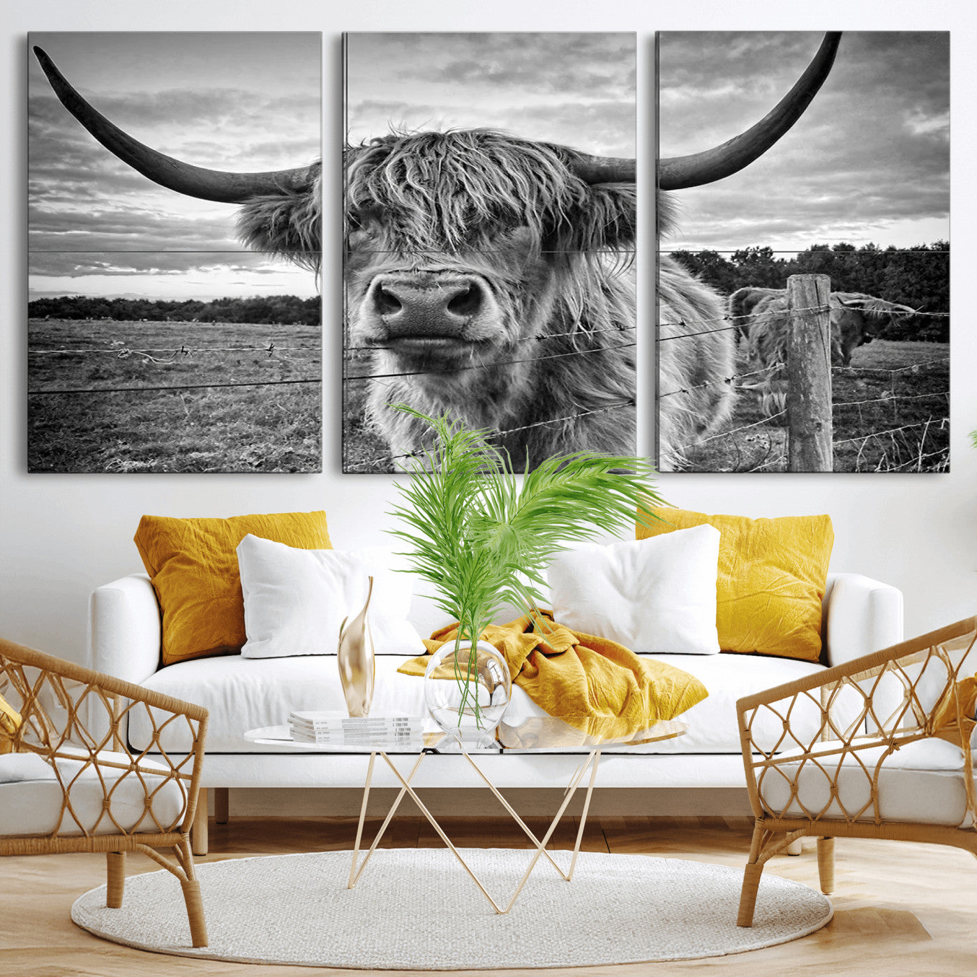 MGV-CV-60X30-3P - Scottish Highland Cow Wall Art Canvas Print | Ready to Hang and Framed | Rustic Farmhouse Decor
