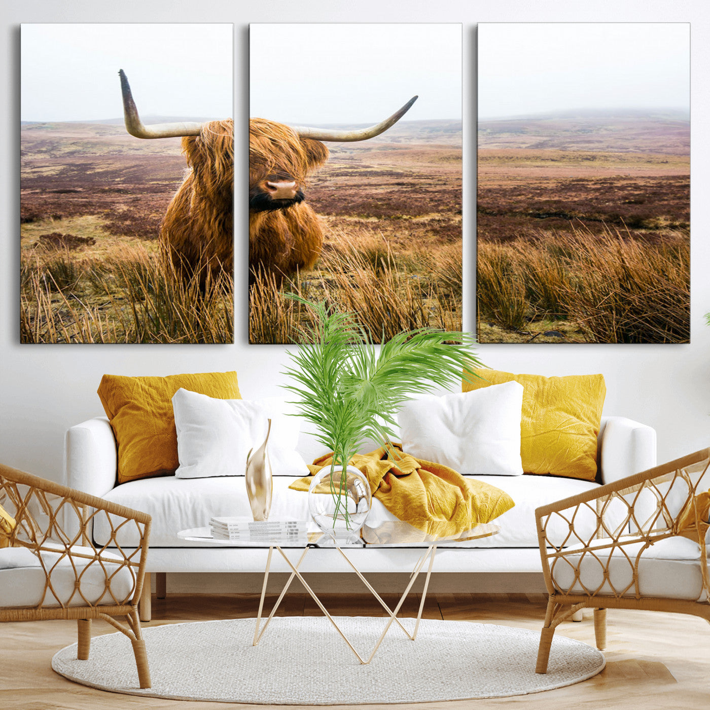 97274-MGV-CV-36X24-Scottish Highland Cow Canvas Wall Art – Rustic Farmhouse Charm with Highland Cattle – Ready to Hang