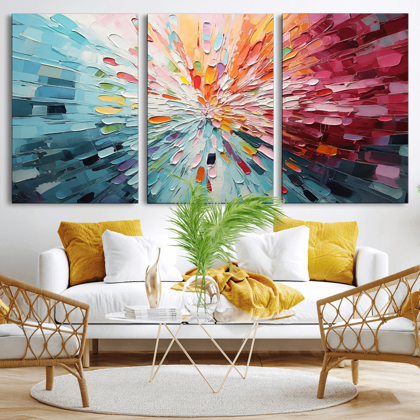 MGV-CV-60X30-3P - Radiant Bloom Abstract Floral Wall Art Canvas Print - Colorful Burst - Modern Living Room Decor -