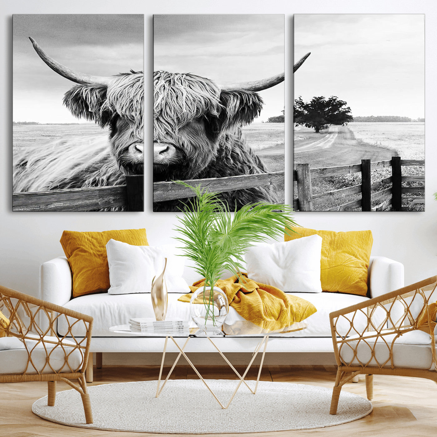 MGV-CV-60X30-3P - Scottish Highland Cow Wall Art | Rustic Farmhouse Décor | Black and White Ready to Hang Canvas Print
