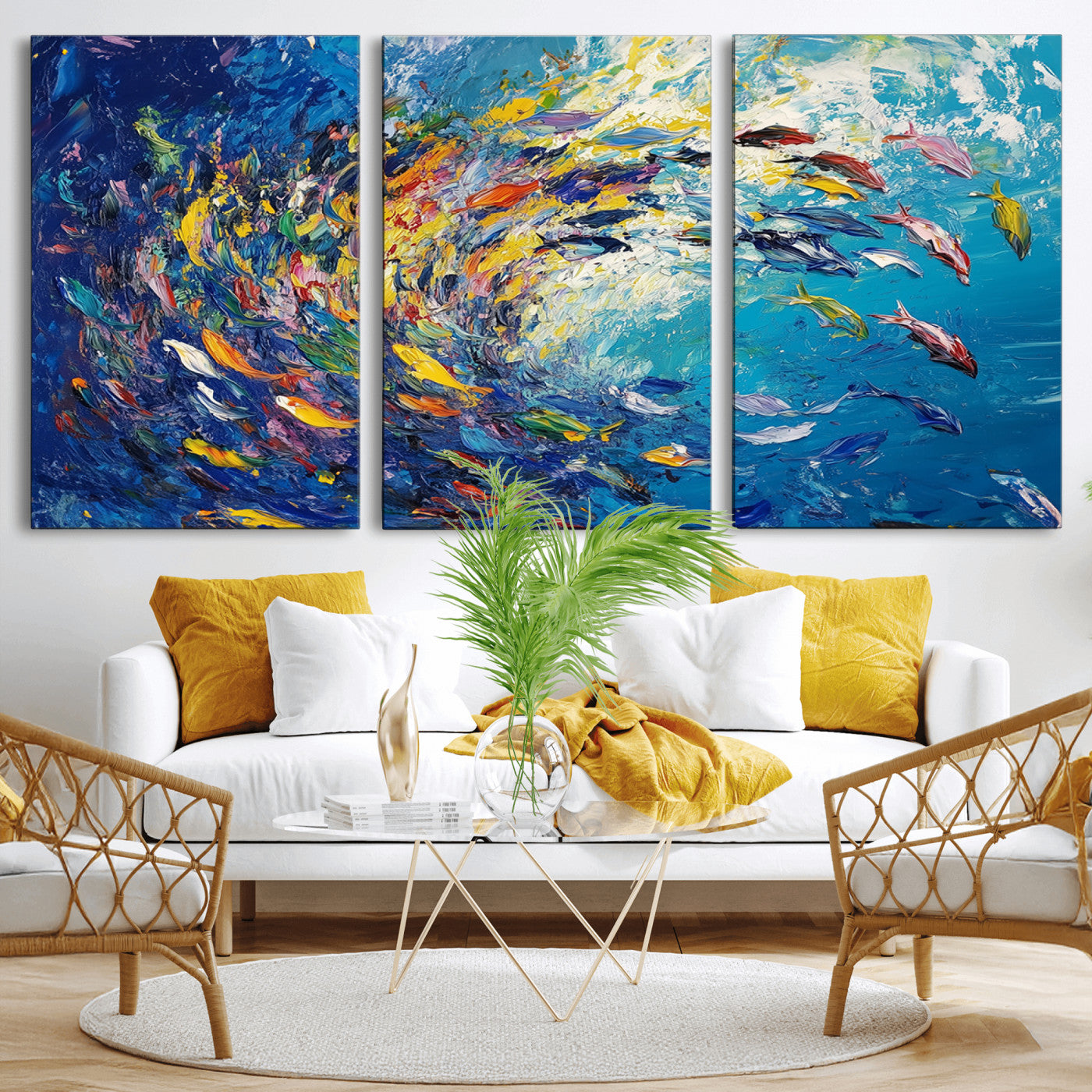 MGV-CV-60X30-3P - Colorful Swirling Fish School Wall Art Canvas Print | Oceanic Abstract Painting | Ready to Hang |