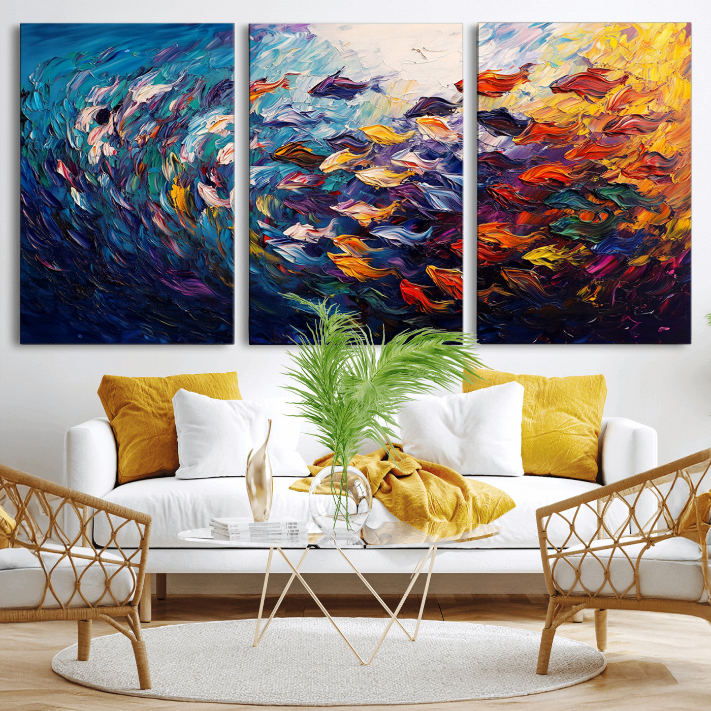 MGV-CV-60X30-3P - Vibrant Abstract Fish Swarm Art – Colorful Fish Inspired 3-Piece Canvas Wall Art for Living Room or