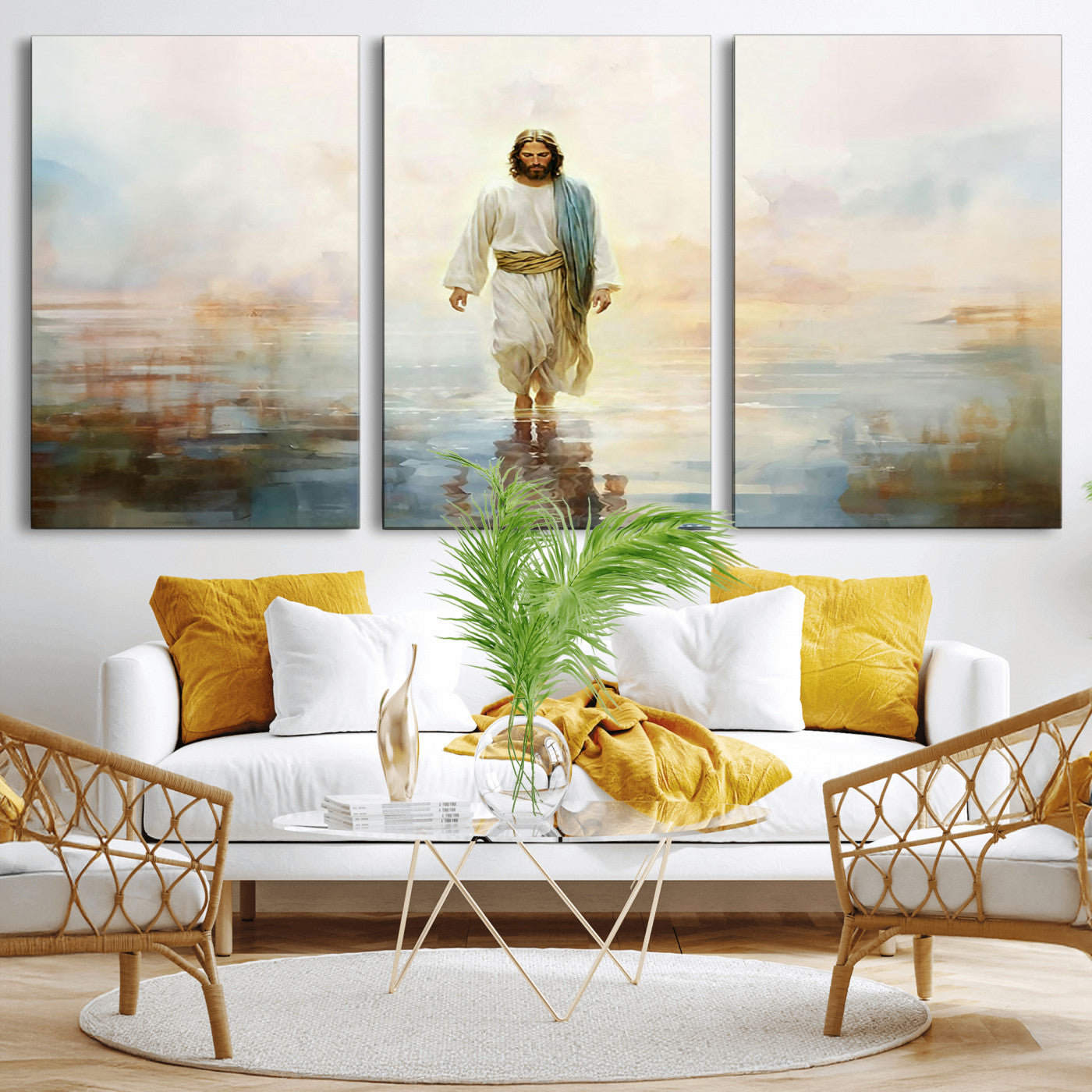 MGV-CV-60X30-3P - Framed Jesus Walking on Water Wall Art - 3-Panel Christian Canvas Prints, Religious Artwork for