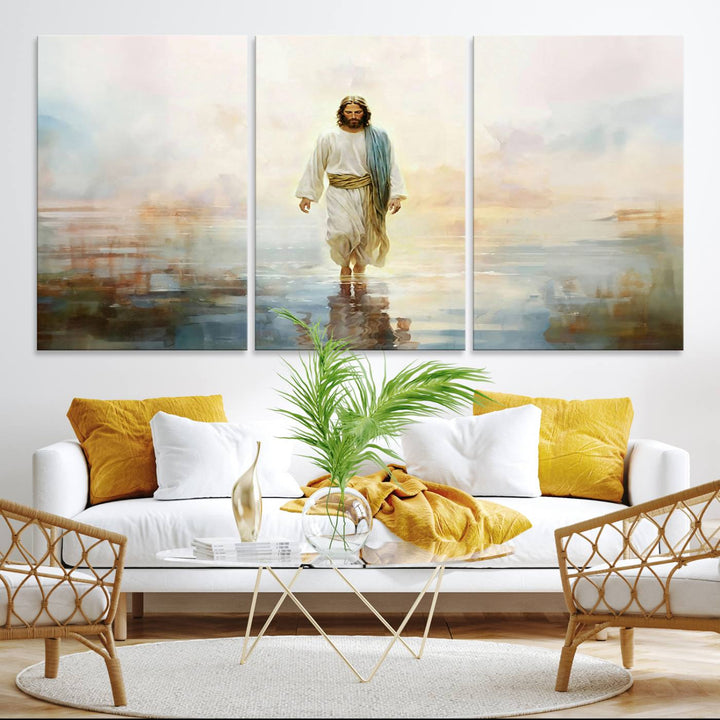 The 3-panel Framed Jesus Walking on Water Wall Art showcases a serene religious scene.