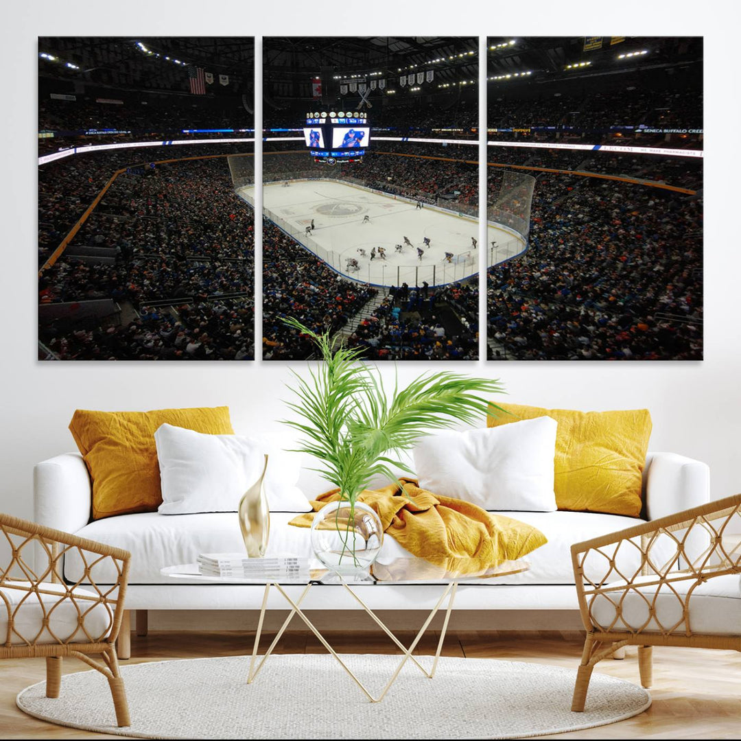 The wall art captures the essence of a Buffalo Sabres game on ice at KeyBank Center, making it deserving of a premium canvas print.